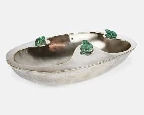 Los Castillo Taxco Silver Plate Bowl w/Azurite Stone Frogs