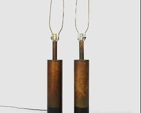 Pair Vintage 1970s Brass and Leather MCM Table Lamps by Laurel Lamp Co H-890