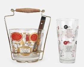 Jeannette Glass Ice Bucket and Carrier, Tongs and Cocktail Mixer Highball Glass w/ Drink Recipes