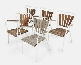 Five Mid-Century Modern Outdoor Garden Chairs Metal and Wood