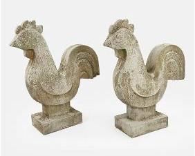 Pair of Fantastic MCM Poured Stone Molded Concrete Garden Roosters