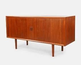 Svend Aage Larsen Danish Modern Teak Tambour Door LP Record Credenza