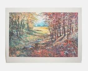 Large Artist Signed Loose Sheet Silkscreen Print of Colorful Forest Scene