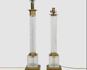 Heavy Brass and Crystal Glass Doric Column Lamps by Paul Hanson