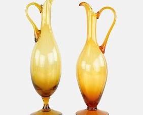 Empoli Italian MCM Blown Glass Tall Amber Pitcher PAIR
