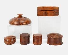 Six Assorted Burl Walnut Bench Made Turned Boxes