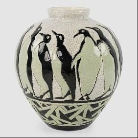 1920's Charles Catteau for Boch Freres "Alfred" Large Ceramic Penguin Vase