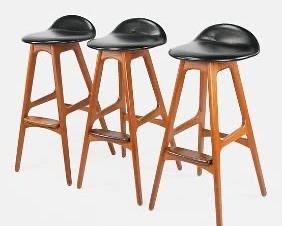Three (3) Erik Buch Danish Modern MCM Teak and Leather Bar Stools