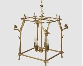 20thC Frontgate Brass Branch and Bird Aviary Chandelier Ceiling Fixture Light