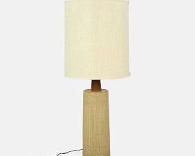 Martz MCM Stoneware and Walnut Sgraffito Table Lamp w/Original Matched Finial