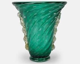 Italian Murano Glass Controlled Bubble Green Fluted Vase