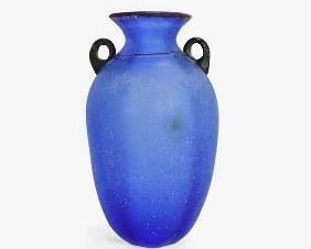 Large and Heavy Art Glass Two-Handled Matte Finish Blue Amphora Vase