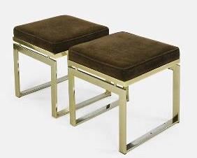 Pair Mid-Century Modern Brass Upholstered Foot Stools 1970s Era