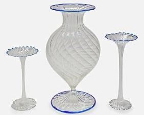 Bimini Werkstatte Style Hand Blown Art Glass Murano Vase w/Two Twist Flute Candlesticks