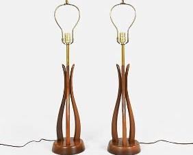 Mid Century Modern Walnut and Brass Sculptural Table Lamps Adrian Pearsall