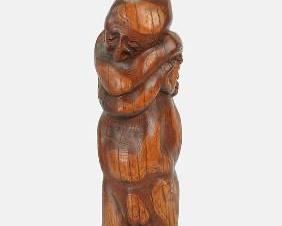 Self Love" Modern Expressionist Wood Sculpture: Man Embracing Himself