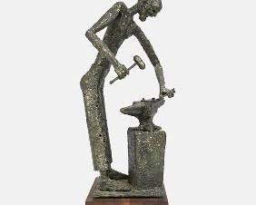 Soles, Thomas 1960s Brutalist Bronze Blacksmith Statue w/Horse Shoe on Anvil