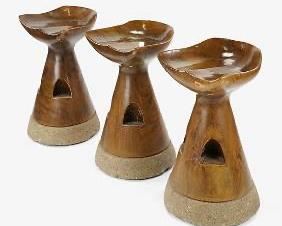 Three Indoor Outdoor MCM Walnut and Concrete Bar Stools