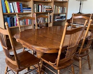 Oak Dining Table w 2 Leaves and 6 Chairs, Bookcases x 3