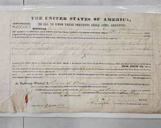 #832 • Original President James Polk Signed Land Grant - 1849 General Land Office Record