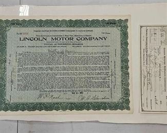 #834 • 1922 Lincoln Motor Company Share Certificate and Edison Check from 1928