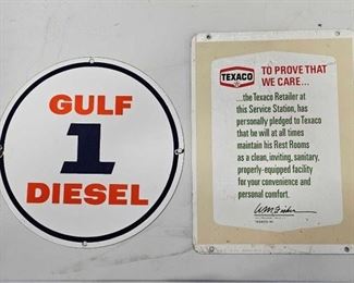 #848 • Texaco Restroom Pledge Sign and Gulf Diesel Porcelain Sign