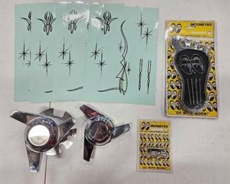 #916 • Moon Eyes Gas Pedal and Emblem with 2 Hub Caps and 4 Pin Stripe Sticker Sheets