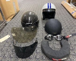 #2600 • 3 Motorcycle Helmets 2 Visors, goggles and neck support