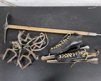 #3632 • Vintage Ice Skates, Ice/Snow Climbing Shoe Attachments and Ice Pick