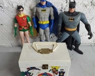 #3646 • 2 Batman Dolls, 1 Robin and Batman Toy Case