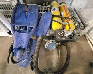 #3666 • Pair of Small Scuba Tanks, Regulators, Flippers, Weights and More