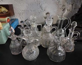 #3674 • Collection of 10 Lead Crystal Glass Cruets: Wine, Olive Oil, Vinegar
