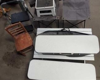 #4002 • 2 Foldable Step Stools , Foldable Mini Table, Small wooden Chair and 2 Foldable Chairs