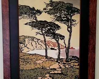 Arts and Crafts woodblock style lithograph in custom oak frame