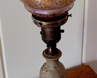 Vintage table top torchere with etched vintage glass shade