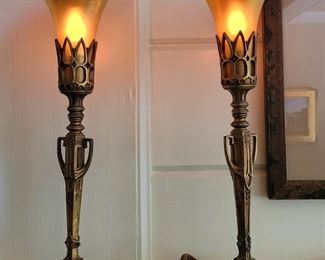 Pair of 1920's small desk torcheres with aurene glass shades