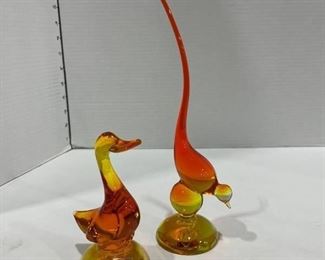 Viking glass blown orange bird figurines tall one is 10 in tall