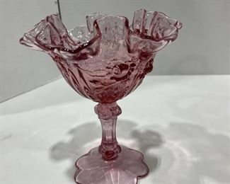 Fenton cranberry glass raised dusty rose compote 7 in tall