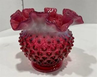 Fenton cranberry hobnail crimped ruffle top bowl 5 in tall