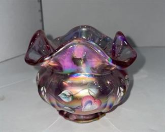 Fenton hand painted opalescent ruffle top bowl 3.5 in tall