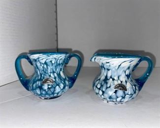 Rainbow blue and white spatter glass creamer and sugar dishes