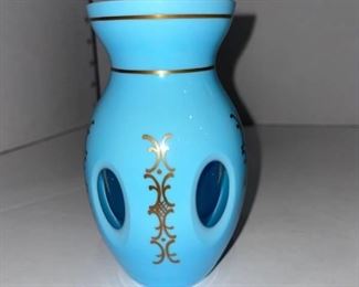 Czech Bohemian blue cased glass vase 5 in tall