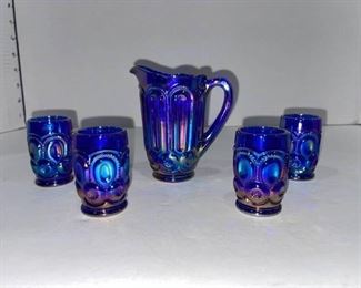 Weishar moon and stars carnival glass mini water pitcher 4 in tall with 4 glasses