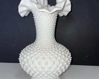 Ruffle edge hobnail milk glass vase 10 in tall
