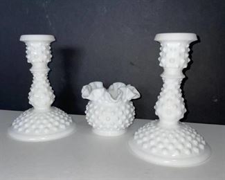 Hobnail milk glass candle stick pair 6 in tall with ruffle top hobnail milk glass bowl