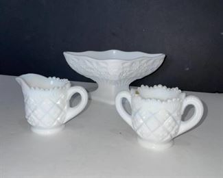 Westmoreland milk glass mini creamer sugar dishes with milk glass pedestal candy dish