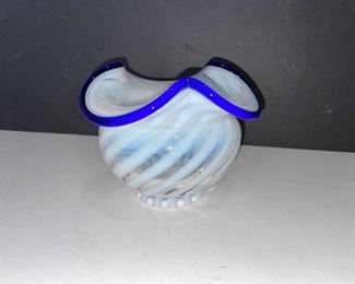 Fenton opalescent swirl with cobalt rim rose bowl