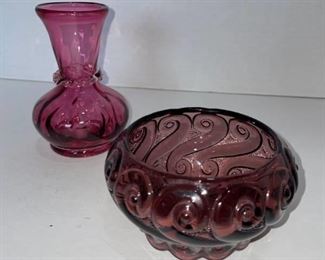 Cranberry glass dish and vase 5 in tall
