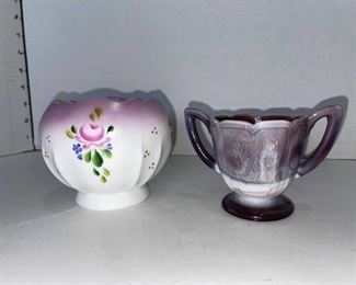 Fenton hand painted bowl with Imperial glass amethyst slag cup
