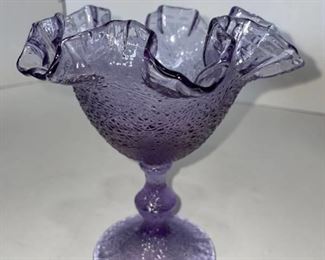 Fenton lavender glass tree of life ruffled top compote 7 in tall